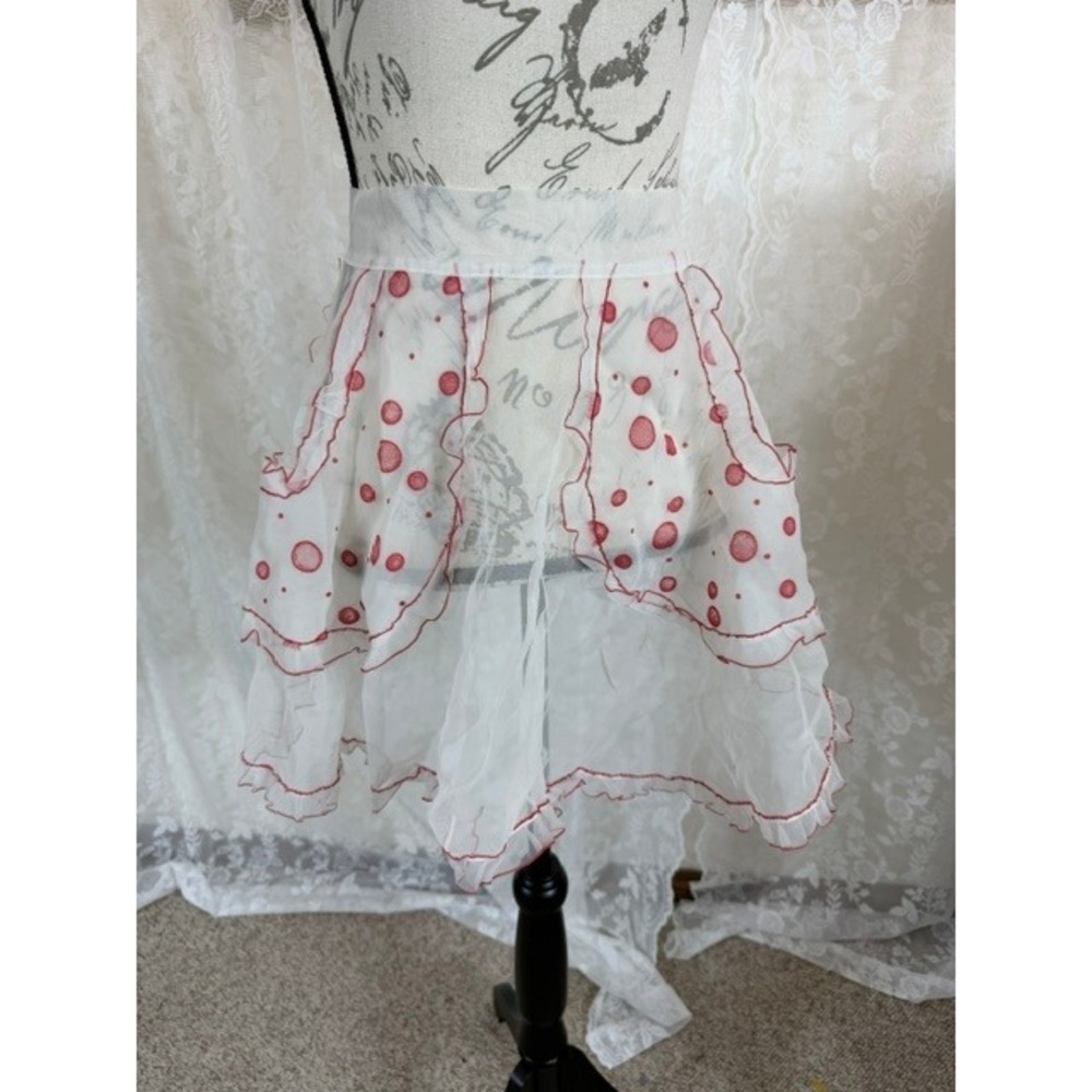 Vintage 50s Sheer White Organza Half Apron Red Polka Dot Ruffle Trim Pockets